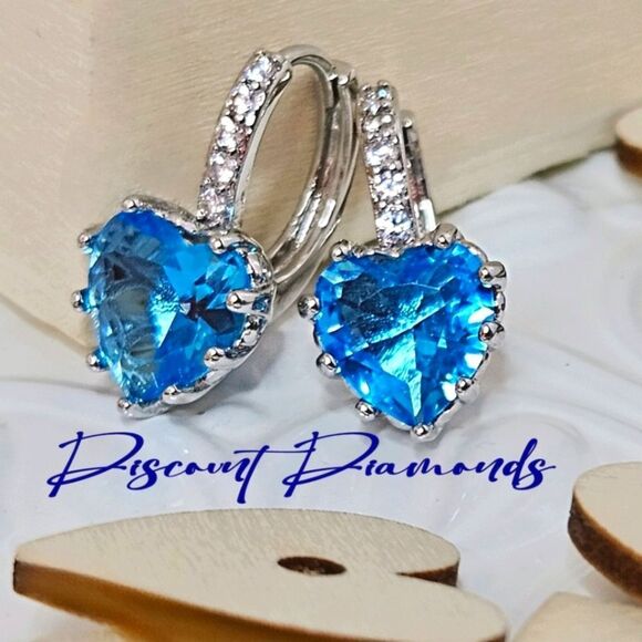 Sky Blue Sapphire Dangle Earrings & White Baguette Diamonds on 925 Silver - Picture 1 of 8